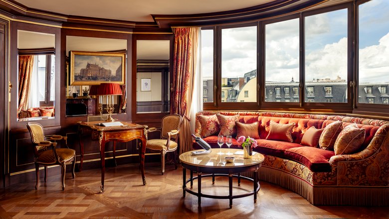 Overview of the living room of the Opera Suite at the Ritz Paris