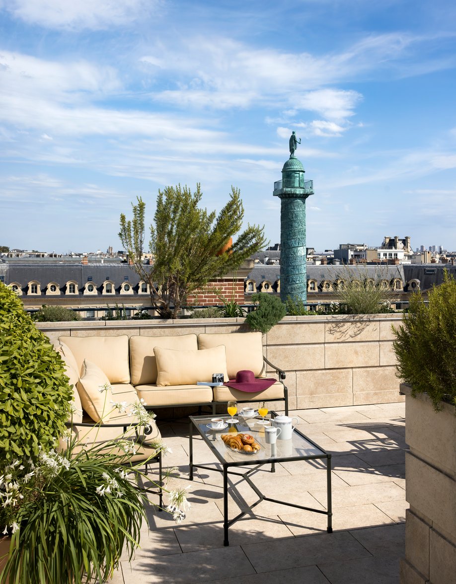 View of the Vendôme Column from the terrace of the Prestige Mansart Suite at the Ritz Paris