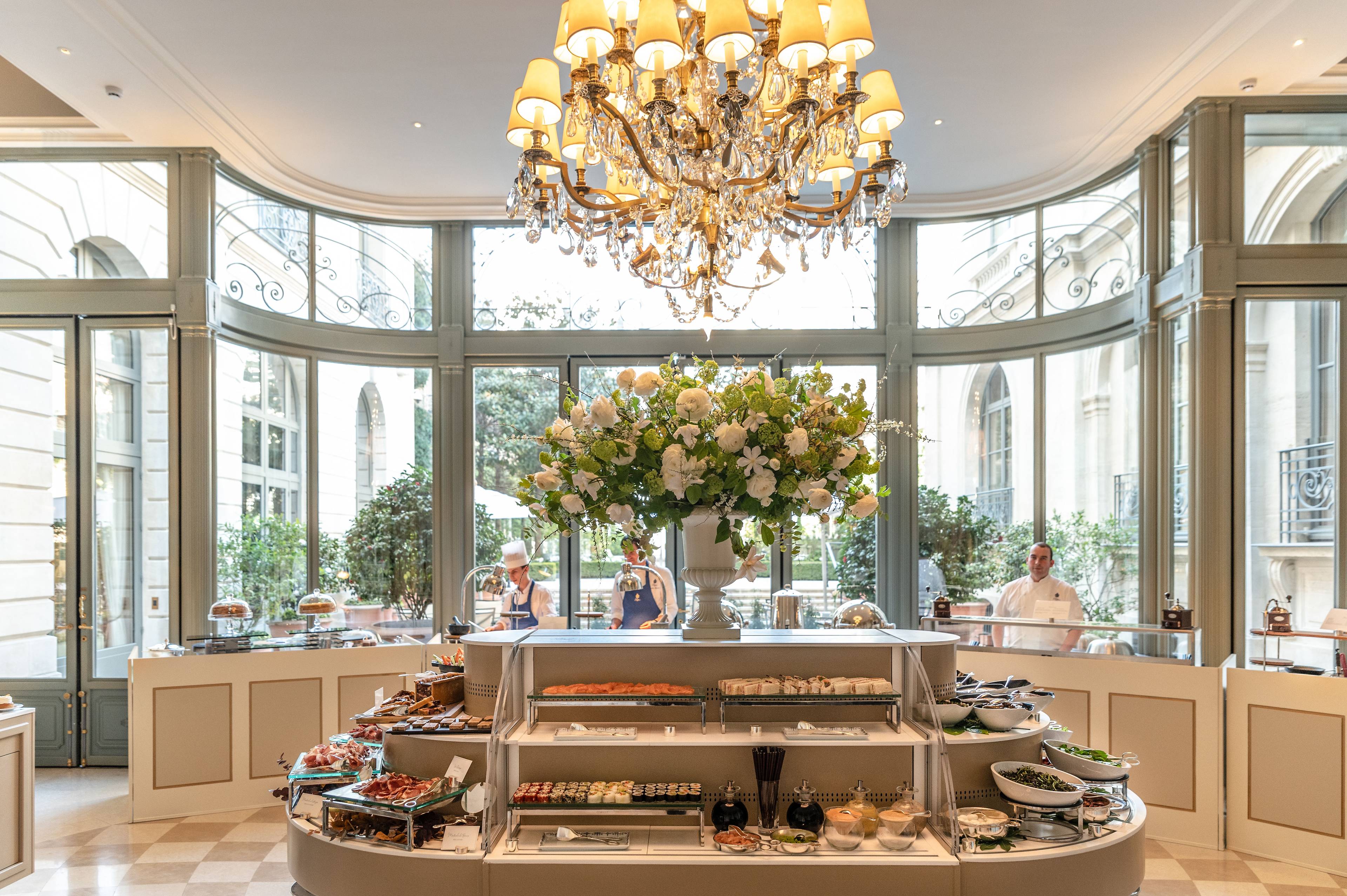 Buffet under the glass roof for the Sunday brunch at the Ritz Paris