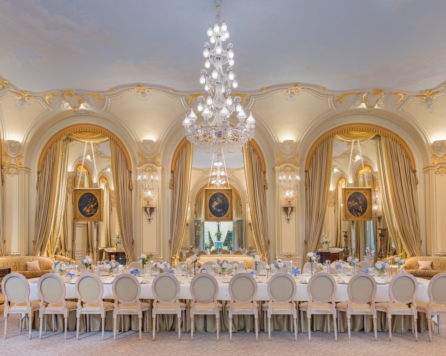 Round tables in the Marie Louise Salon at the Ritz Paris