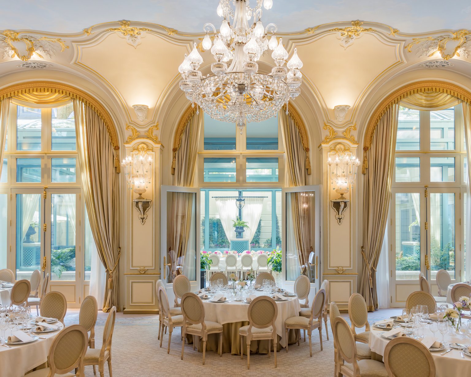 Round tables in the Marie Louise Salon at the Ritz Paris