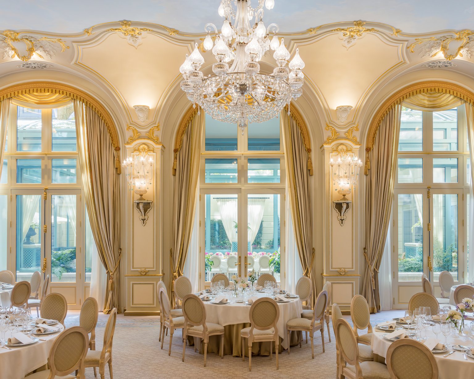 Round tables in the Marie Louise Salon at the Ritz Paris