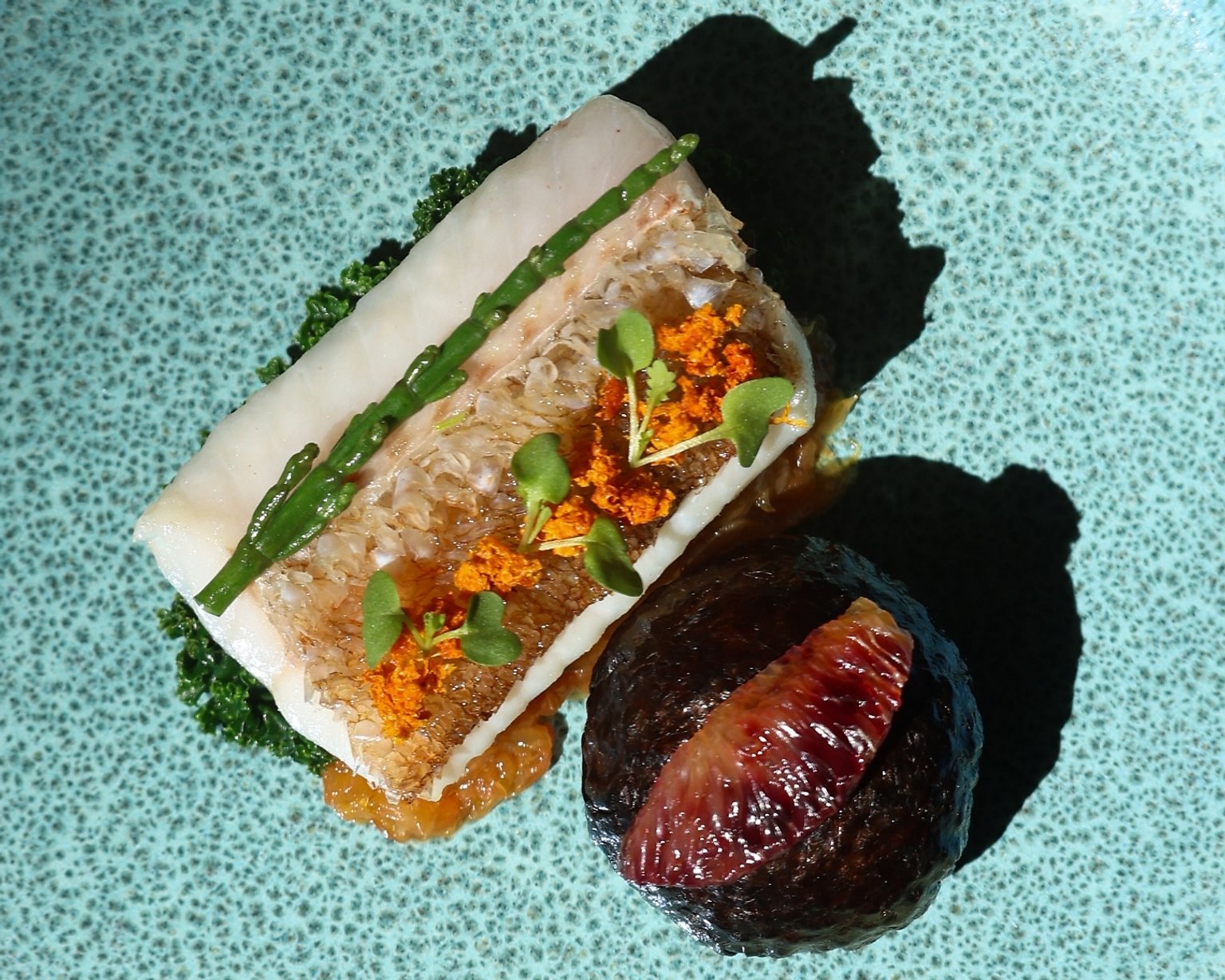 Scaled scorpionfish with grapefruit and kale